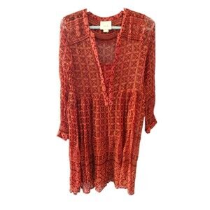 Maeve Anthropologie Dress Sz 4 Sheer Red “Canna Swing” Dress Print Flowy